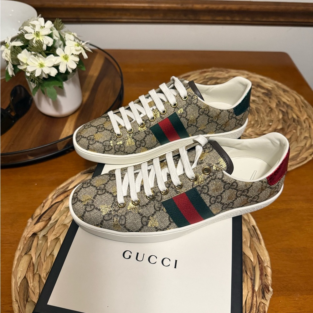 Gucci Patterned Sneakers with Red and Green Accents